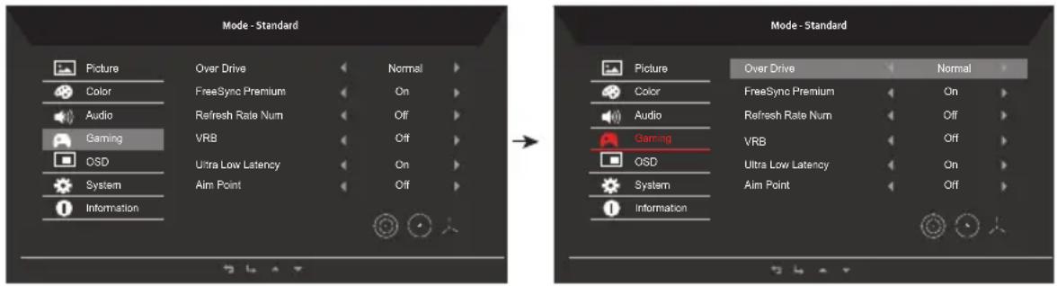 Mode - Standard Picture Over Drive Normal Color FreeSync Premium On Audio Refresh Rate Num Off Gaming VRB Off OSD Ultra Low Latency On System Aim Point Off Information Mode - Standard Picture Over Drive Normal Color FreeSync Premium On Audio Refresh Rate Num Off Gaming VRB Off OSD Ultra Low Latency On System Aim Point Off Information