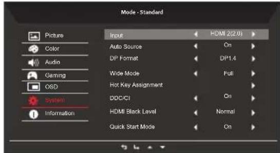 Mode - Standard Picture Color Audio Gaming OSD System Information Input HDMI 2(2.0) Auto Source On DP Format DP1.4 Wide Mode Full Hot Key Assignment DDC/CI On HDMI Black Level Normal Quick Start Mode On