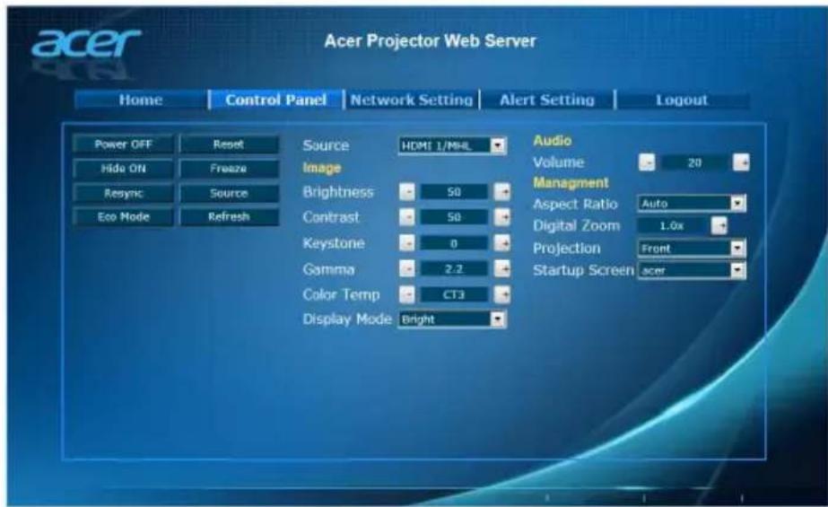 Acer Projector Web Server Home Control Panel Network Setting Alert Setting Logout Power OFF Reset pivot Source HDMI 1/MHL Audio Hide ON Freeze pivot Resync Source HDMI 1/MHL Eco Mode Refresh pivot Image Brightness 50 Asset Management Contrast 50 Aspect Ratio Auto Keystone 0 Digital Zoom 1.0x Gamma 2.2 Projection Front Color Temp CT3 Startup Screen acer Display Mode Bright
