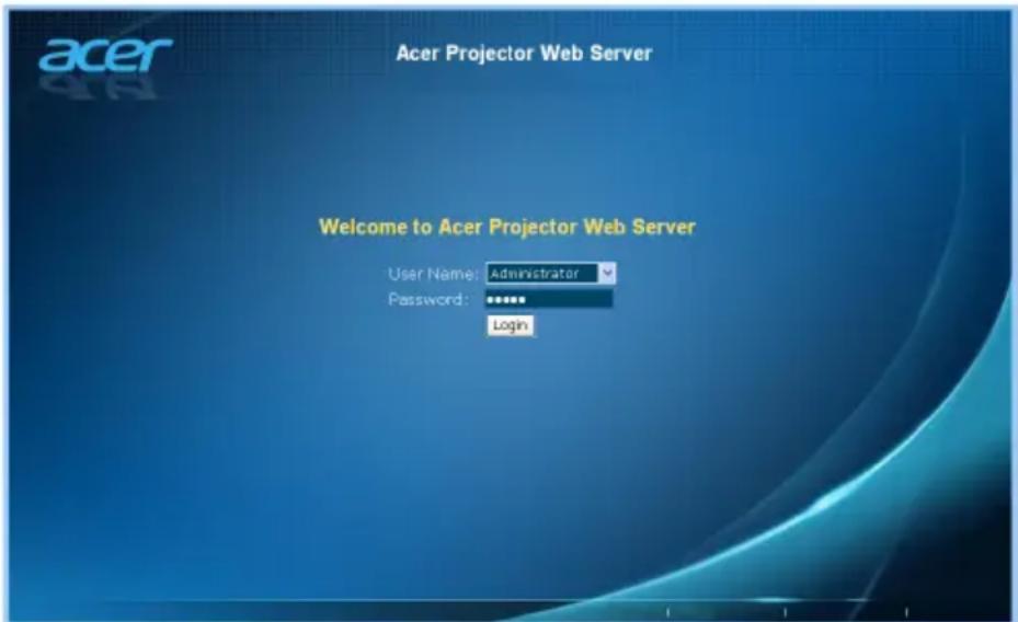 acer Acer Projector Web Server Welcome to Acer Projector Web Server User Name: Administrator Password: ***** Login