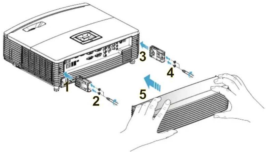 Diagram showing a projector with labeled parts and hands holding a device, illustrating the process of adding or removing components.
