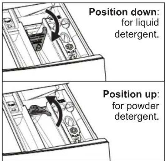 Position down: for liquid detergent. Position up: for powder detergent.