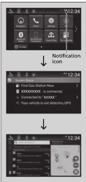 12:34 Notification icon 12:34 System Status Find Gas Station Now XXXXXXXXX is connected Connected to "XXXXX" Your vehicle is not detecting GPS 12:34