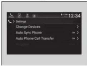 12:34 Settings Change Devices > Auto Sync Phone Auto Phone Call Transfer