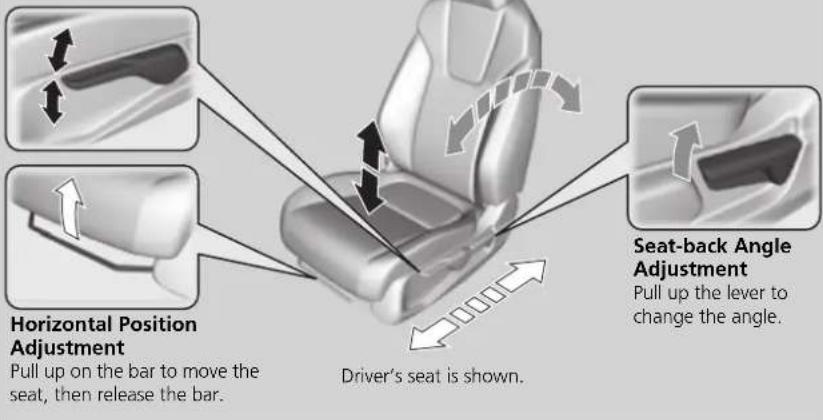 Horizontal Position Adjustment Pull up on the bar to move the seat, then release the bar. Driver's seat is shown. Seat-back Angle Adjustment Pull up the lever to change the angle.