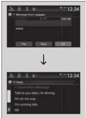 Message from 1 or 5 xxxxx Play Reply Call 12:34 ↓ 12:34 Reply Create New Message Talk to you later, I'm driving. I'm on my way. I'm running late. OK