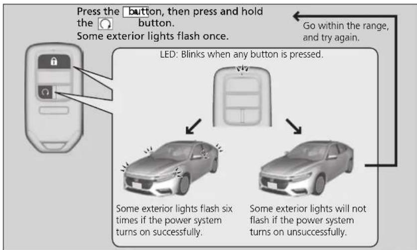 Press the button, then press and hold the button. Some exterior lights flash once. LED: Blinks when any button is pressed. Some exterior lights flash six times if the power system turns on successfully. Some exterior lights will not flash if the power system turns on unsuccessfully.