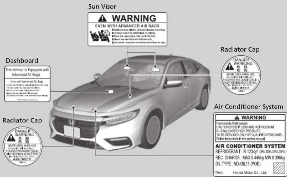 Sun Visor WARNING EVEN WITH ADVANCED AIR BAGS Children can be killed or removed injured to the air bags. The back read in this panel. Make for accidents. Never put a new vehicle. Call read in this front. Always use next bath and call retraction. See owner's manual for more information about air bags. Dashboard This Vehicle is equipped with Advanced Air Bags Even with Advanced Air Bags Device can be equipped with the first letter of the air bag. This board would be used to allow the best airbag. Have you been buying, making it safe. About and must sell or sell them. See owners' ability to make information about air bags. Radiator Cap DANGER WARNING 危险 4957a Radiator Cap DANGER WARNING 危险 4957a Air Conditioner System WARNING Flammable Refrigerant CAUTION SYSTEM CONTAINS REFRIGERANT R-1234yf UNDER HIGH PRESSURE. TO BE SERVICED ONLY BY QUALIFIED PERSONNEL. Follow instructions in the service manual. AIR CONDITIONER SYSTEM REFRIGERANT : R-1234yf (SAE J039.2842.2845) REC. CHARGE : MAX 0.445kg MIN 0.395kg OIL TYPE : ND-OIL11 (POE) TWA Honda Motor Co., Ltd.