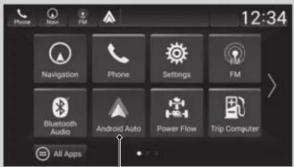 Phone New FM 12:34 Navigation Phone Settings FM Bluetooth Audio Android Auto Power Flow Trip Computer All Apps