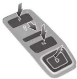 Diagram of a control panel with labeled buttons and directional arrows indicating action or signal flow