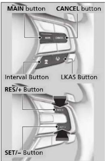 MAIN button CANCEL button MAIN CANCEL Interval Button LKAS Button RES/+ Button SET/- Button