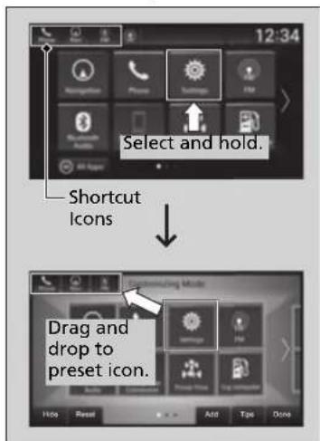 12:34 Select and hold. Shortcut Icons Drag and drop to preset icon.