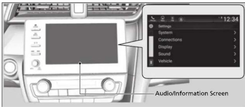 12:34 Settings System > Connections > Display > Sound > Vehicle > Audio/Information Screen