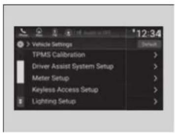 12:34 > Vehicle Settings TPMS Calibration > Driver Assist System Setup > Meter Setup > Keyless Access Setup > Lighting Setup >