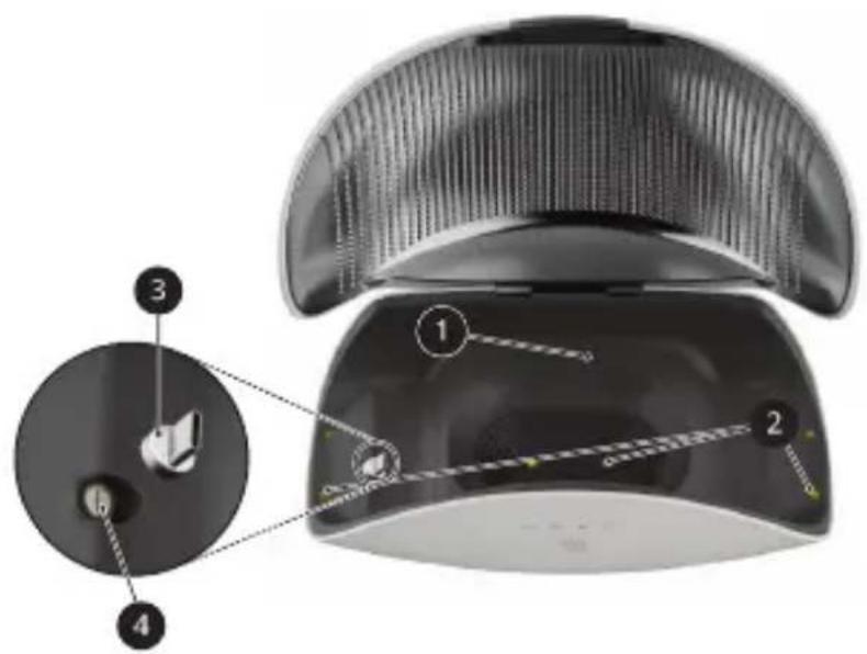 Diagram of a smart speaker with labeled parts including head, lens, and speaker positions