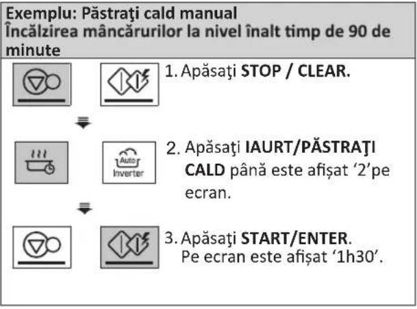 Exemplu: Păstrați cald manual Încălzirea mâncărurilor la nivel înalt timp de 90 de minute 1. Apăsați STOP / CLEAR. 2. Apăsați IAURT/PĂSTRAȚI CALD până este afișat '2'pe ecran. 3. Apăsați START/ENTER. Pe ecran este afișat '1h30'.