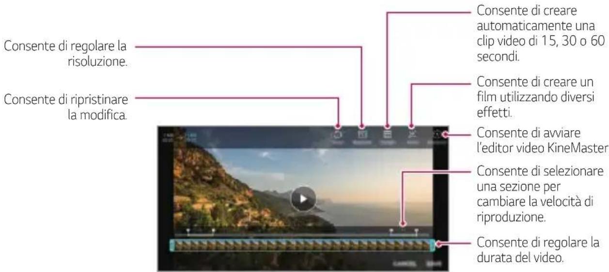 Consente di regolare la risoluzione. Consente di ripristinare la modifica. Consente di creare automaticamente una clip video di 15, 30 o 60 secondi. Consente di creare un film utilizzando diversi effetti. Consente di avviare l'editor video KineMaster. Consente di selezionare una sezione per cambiare la velocità di riproduzione. Consente di regolare la durata del video.