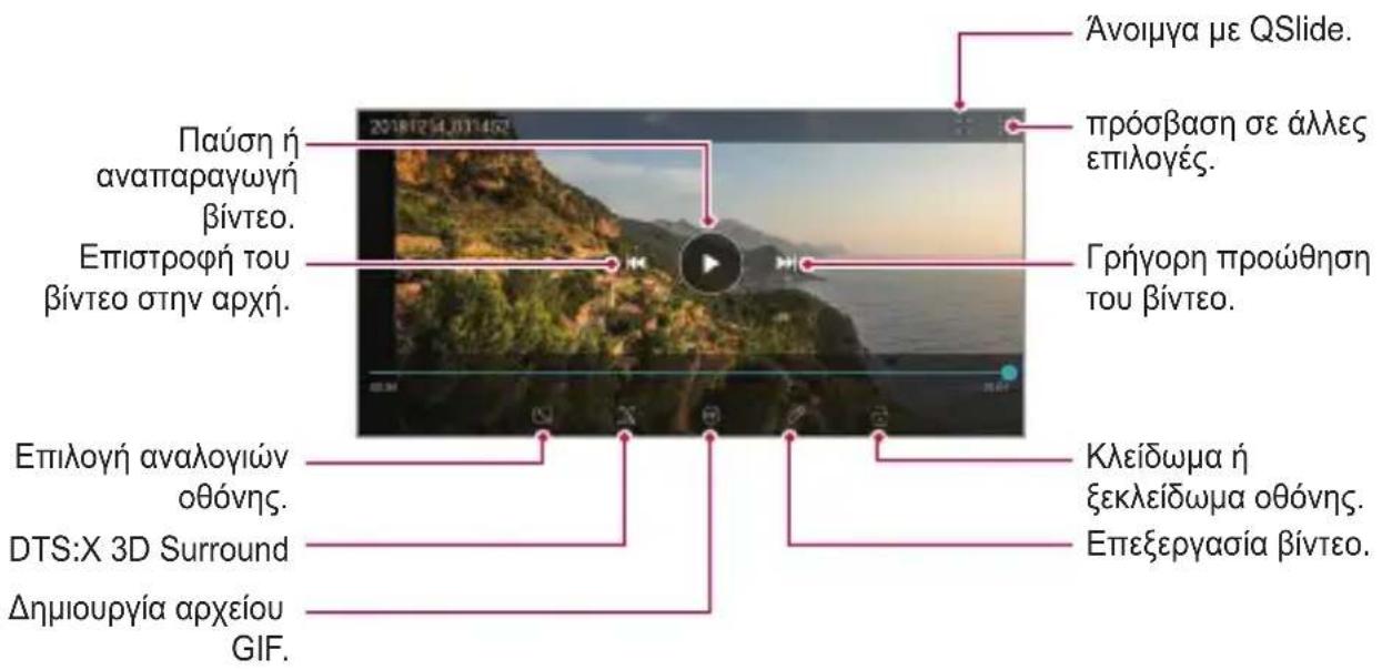 Ανοιμγα με QSlide. πρόσβαση σε άλλες επιλογές. Γρήγορη προώθηση του βίντεο. Παύση ή αναπαραγωγή βίντεο. Επιστροφή του βίντεο στην αρχή. Επιλογή αναλογιών οθόνης. DTS:X 3D Surround Δημιουργία αρχείου GIF. Κλείδωμα ή ξεκλείδωμα οθόνης. Επεξεργασία βίντεο.