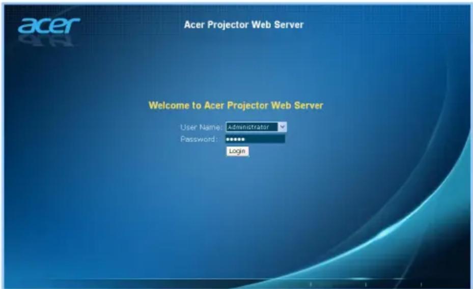 acer Acer Projector Web Server Welcome to Acer Projector Web Server User Name: Administrator Password: ***** Login