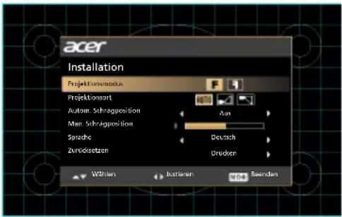 acer Installation Projektionmodus Projektionsort Autom. Schragposition Man. Schragposition Sprache Zurücksetzen Aus Deutsch Drücken Wöhlen Justizen zu Beenden