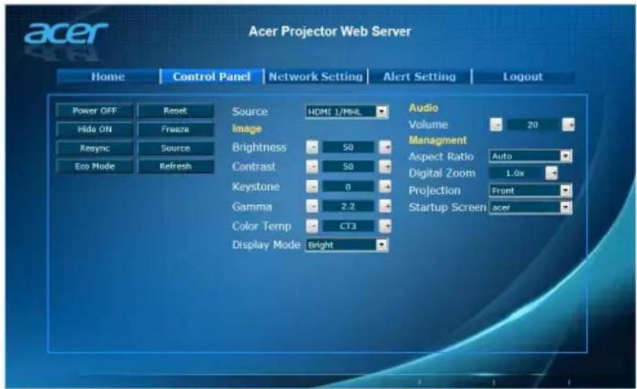 Acer Projector Web Server Home Control Panel Network Setting Alert Setting Logout Power OFF Reset pivot ON Freeze resync Eco Mode Refresh Source HDMI 1/MHL Image Brightness 50 Contrast 50 Keystone 0 Gamma 2.2 Color Temp CT3 Display Mode Bright Audio Volume 20 Management Aspect Ratio Auto Digital Zoom 1.0x Projection Front Startup Screen acer