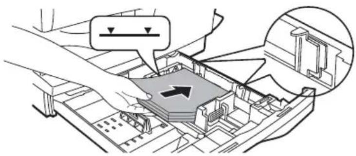 Technical diagram showing a hand pressing a component with directional arrows and a magnified inset view of the component.