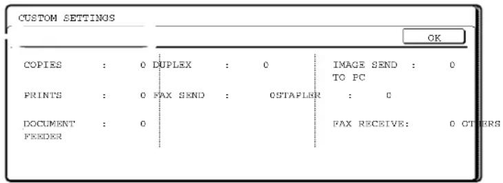 CUSTOM SETTINGS OK COPIES : 0 DUPLEX : 0 PRINTS : 0 FAX SEND : OSTAPLER : 0 DOCUMENT : 0 FEEDER IMAGE SEND : 0 TO PC FAX RECEIVE: 0 OTHERS