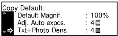 Copy Default: Default Magnif. : 100% Adj. Auto expos. : 4 Txt+ Photo Dens. : 4