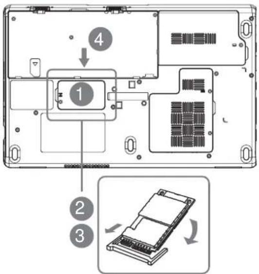 Laptop interior diagram with numbered components and a close-up of the internal structure showing a rack-mounted device.