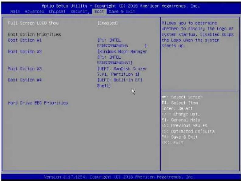 Aptio Setup Utility - Copyright (C) 2016 American Megatrends, Inc. Main Advanced Chipset Security Boot Save & Exit Full Screen LOGO Show [Enabled] Boot Option Priorities Boot Option #1 [P1: INTEL SSDSC28W240HS ] Boot Option #2 [Kindous Boot Manager (P1: INTEL SSDSC28W240HS)] Boot Option #3 [UEFI: SanDisk Druzer 7.01, Partition 1] Boot Option #4 [UEFI: Built-in EFI Shell] Hard Drive BES Priorities Allow you to determine whether to display the Logo at system startup. Disabled skips the Logo when the system starts up. +: Select Screen T1: Select Item Enter: Select +/-: Change Opt. F1: General Help F2: Previous Values F3: Optimized Defaults F4: Save & Exit ESC: Exit Version 2.17.1254. Copyright (C) 2016 American Megatrends, Inc.