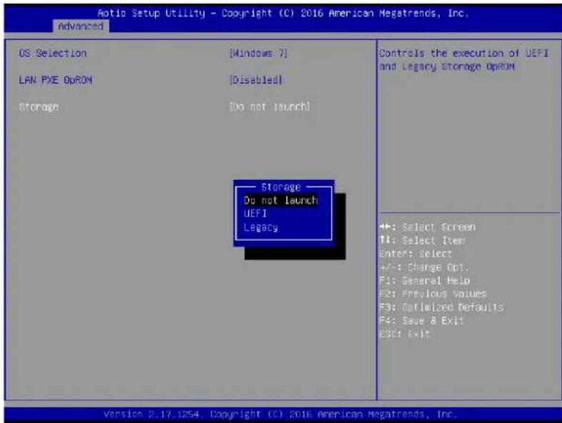 Aptio Setup Utility - Copyright (C) 2016 American Megatrends, Inc. advanced OS Selection [Windows 7] LAN PXE OpROM [Disabled] Storage [Do not launch] Storage Do not launch DEFI Legacy Controls the execution of UEFI and Legacy Storage OpROM +: Select Screen TI: Select Item Enter: Select +/-: Change Opt. F1: General Help F2: Previous Values F3: Optimized Defaults F4: Save & Exit ESC: Exit Version 2.17.1254. Copyright (C) 2016 American Megatrends, Inc.