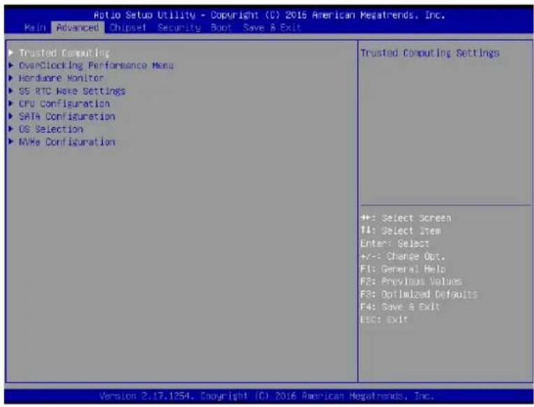 Aio Setup Utility - Copyright (C) 2016 American Megatrends, Inc. Main Advanced Chipset Security Boot Save & Exit Trusted Computing Settings OverClocking Performance Menu Hardware Monitor SS RTC Wave Settings CPU Configuration SATA Configuration OS Selection NVMe Configuration +: Select screen TI: Select Item Enter: Select +/-: Change Opt. FI: General Help F2: Previous Values FS: Optimized Defaults F4: Save & Exit ESC: Exit Version 2.17.1254. Copyright (C) 2016 American Megatrends, Inc.