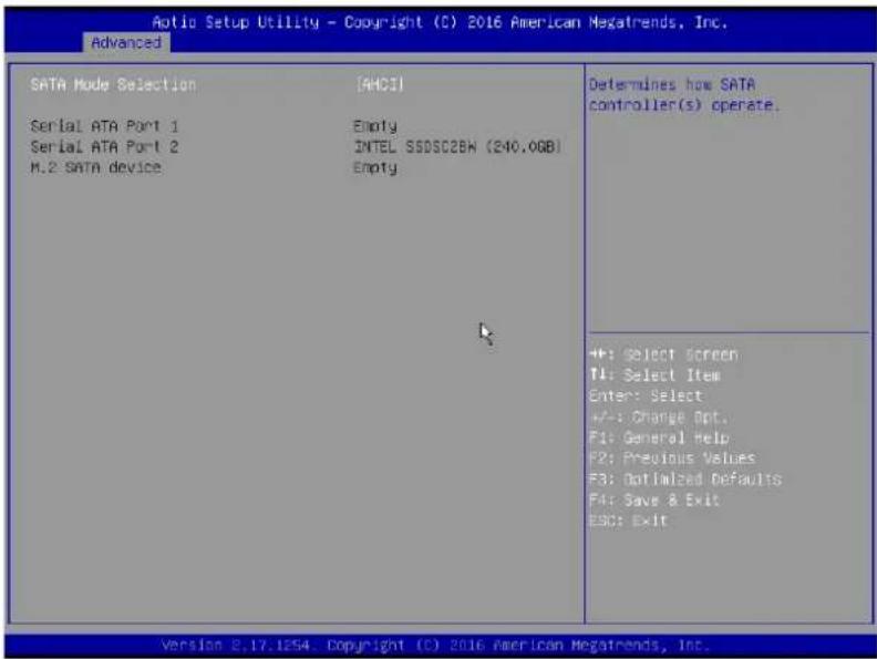 Aotio Setup Utility - Copyright (C) 2016 American Megatrends, Inc. Advanced SATA Mode Selection [AMCI] Serial ATA Port 1 Empty Serial ATA Port 2 INTEL SSDSC2BN (240.0GB) M.2 SATA device Empty Determines how SATA controller(s) operate. +#: Select Screen T1: Select Item Enter: Select +/-: Change Opt. F1: General Help F2: Previous Values F3: Optimalead Defaults F4: Save & Exit ESC: Exit Version 2.17.1254. Copyright (C) 2016 American Megatrends, Inc.