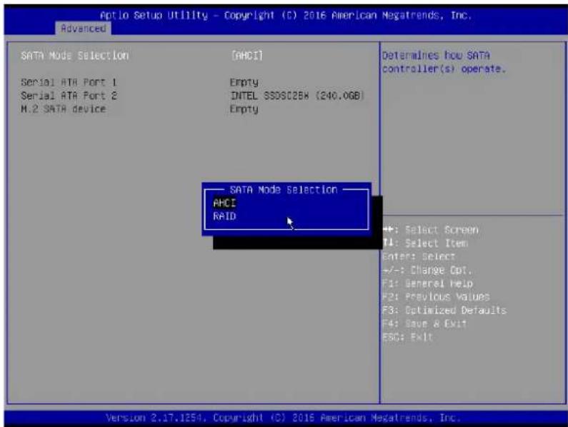 Aptlo Setup Utility - Copyright (C) 2016 American Megatrends, Inc. Advanced SATA Mode Selection [ACCI] Serial ATA Port 1 Empty Serial ATA Port 2 INTEL SSDSC2BX (240.0GB) M.2 SATA device Empty Determines how SATA controller(s) operate. SATA Mode Selection AHCI RAID +: Select Screen F1: Select Item Enter: Select +/-: Charge Opt. F1: General Help F2: Previous Values F3: Optimized Defaults F4: Save & Exit ESC: Exit Version 2.17.1254, Copyright (C) 2016 American Megatrends, Inc.
