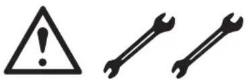 Warning symbol and two wrench icons, indicating hazard or safety warning