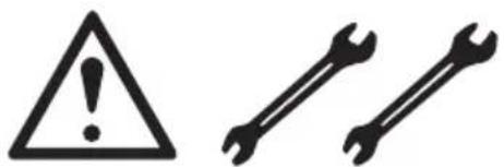 Warning symbol and two wrench icons: a warning triangle and a crossed wrench