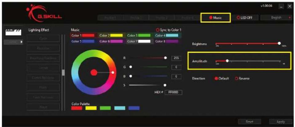 G.SKILL Lighting Effect Music Color 1 Color 2 Color 3 Color 4 Color 5 Color 6 Color 7 Color 8 Sync to Color 1 R 255 G G B 0 S HEX # FF0000 Brightness Amplitude Direction Default Reverse Music LED OFF v1.00.06 English Reset Apply