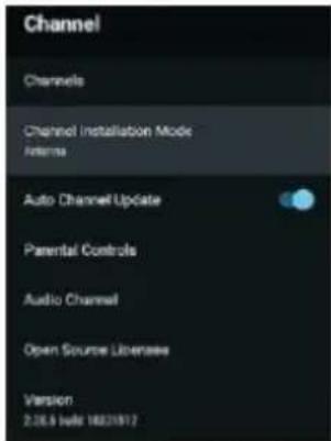 Channel Channels Channel Installation Mode Internals Auto Channel Update Parental Controls Audio Channel Open Source Liberales Version 2.26.9 (mail 18021817)