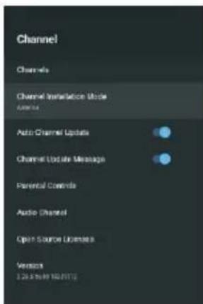 Channel Channels Channel Installation Mode Auto Channel Update Channel Update Message Parental Controls Audio Channel Open Source Licensee Versions 1.29.35.09 140.2017