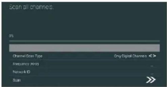 Scan all channels. 0% Channel Scan Type Only Digital Channels < > Frequency (kHz) - Network ID - Scan >