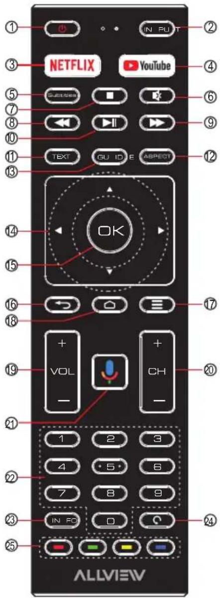 ① ② ③ NETFLIX YouTube ④ ⑤ 📄 YouTube ⑥ ⑦ 📋 📋 ⑧ 🏠 🏠 ⑨ ⑩ TEXT GUIDE Aspect ⑪ ⑬ OK ⑭ + ⑮ VOL + CH ⑯ - ⑰ 1 2 3 ⑱ 4 5 6 ⑲ 7 8 9 ⑳ IN FO D C ㉑ ALLVIEW ㉒