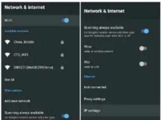 Network & internet Wi-Fi Available networks China_Mobile CTS_JWIFI DIRECT-LBA40039PRONormal See all Other options Add new network Scanning always available for different users with other apps Network & Internet Scanning always available For further location service and other apps start for networks, when which not is off Wor write on wireless network Wol write on LAN Ethernet Not connected Proxy settings IP settings