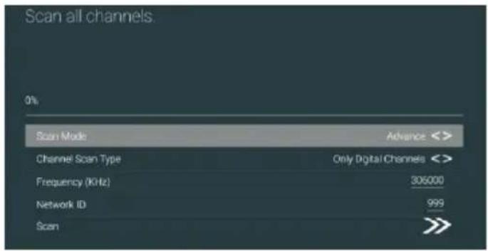 Scan all channels. 0% Scan Mode Advance <> Channel Scan Type Only Digital Channels <> Frequency (KHz) 306000 Network ID 999 Scan
