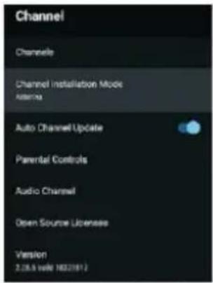 Channel Channels Channel Installation Mode Asterna Auto Channel Update Parental Controls Audio Channel Open Source Licensee Version 2.0kA value 16321812