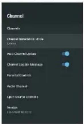 Channel Channels Channel Installation Mode Auto Channel Update Channel Update Message Parental Controls Audio Channel Open Source License Version 2.06.08.1920172