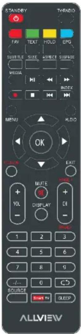 STANDBY TV/RADIO FAY TEXT HOLD EPG SUBTITLE SIZE ASPECT SUGFADE MEDIA INDEX MENU AUDIO OK COLD EXIT MUTE VOL DISPLAY CH 1 2 3 4 5 6 7 8 9 -/- 0 C# SOURCE Smart TV SLEEP ALLVIEW