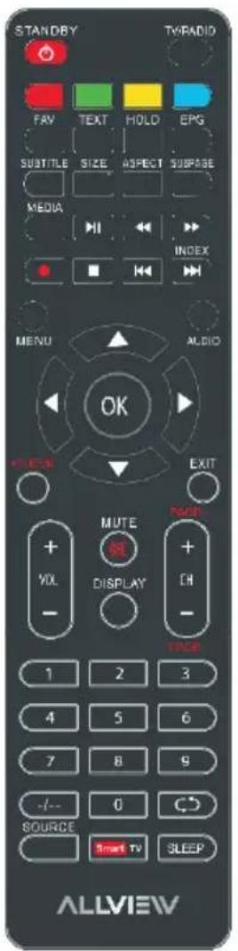 STANDBY TV/RADIO FAV TEXT HOLD EPG SUBTITLE SIZE ASPECT SUBPAGE MEDIA INDEX MENU ALDIO OK MUTE VOL DISPLAY CH EXIT 1 2 3 4 5 6 7 8 9 -/- 0 °C SOURCE Smart TV SLEEP ALLVIEW
