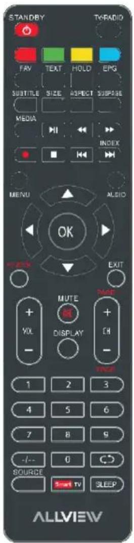 STANDBY TV/RADIO FAV TEAT HOLD EPG SUBTITLE SIZE ASPECT SUSPAGE MEDIA INDEX MENU ALDIO OK MUTE + + VOL DISPLAY CH - 1 2 3 4 5 6 7 8 9 -/- 0 SOURCE Smart TV SLEEP ALLVIEW