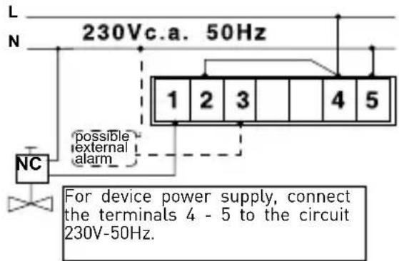 L N 230Vc.a. 50Hz 1 2 3 4 5 NC possible external alarm For device power supply, connect the terminals 4 - 5 to the circuit 230V-50Hz.