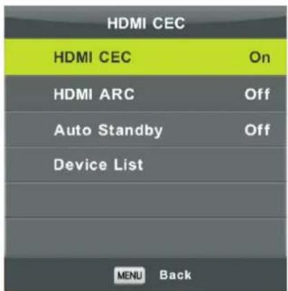 HDMI CEC HDMI CEC On HDMI ARC Off Auto Standby Off Device List MENU Back